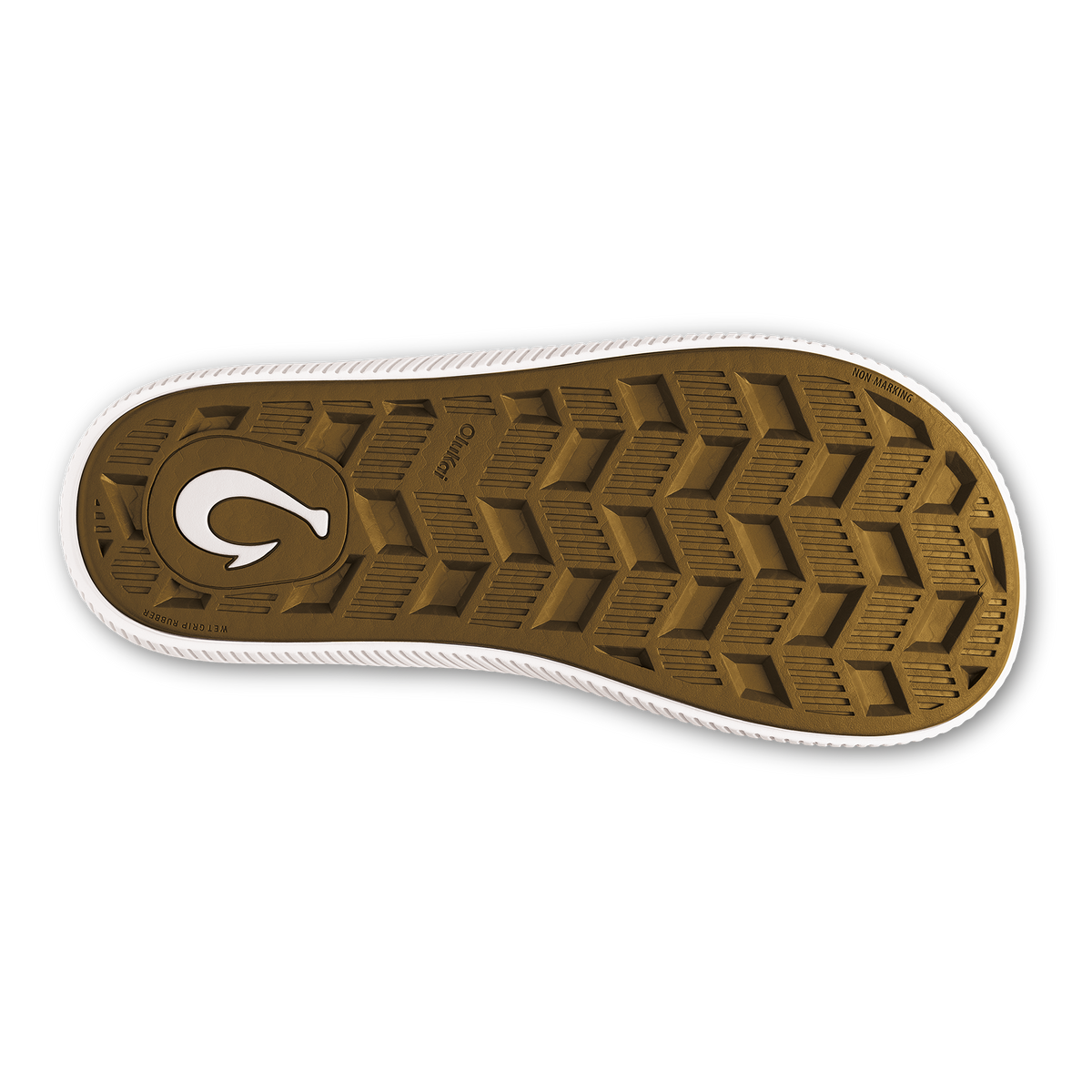 Sole view of trench blue sneaker with tan tread pattern and white curved logo.