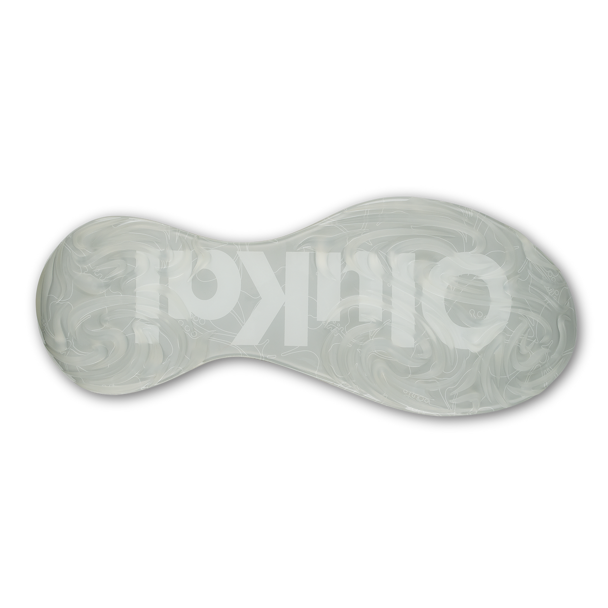 White slip-on shoe sole with curved hourglass shape and ornamental swirl pattern design.