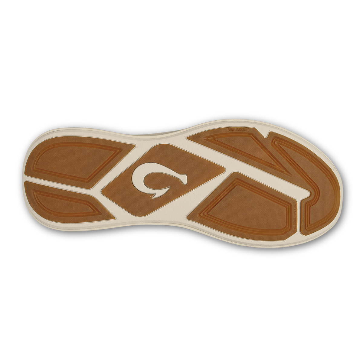 Brown and cream sole with geometric tread pattern and curved center logo detail.
