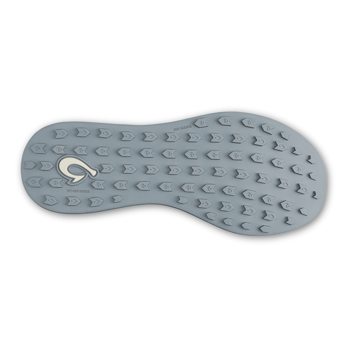Cloud grey shoe sole with repeating arrow tread pattern and embossed logo detail.