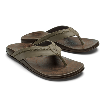 Pair of tan and brown leather flip-flop sandals with stitched thong straps and embossed footbeds.