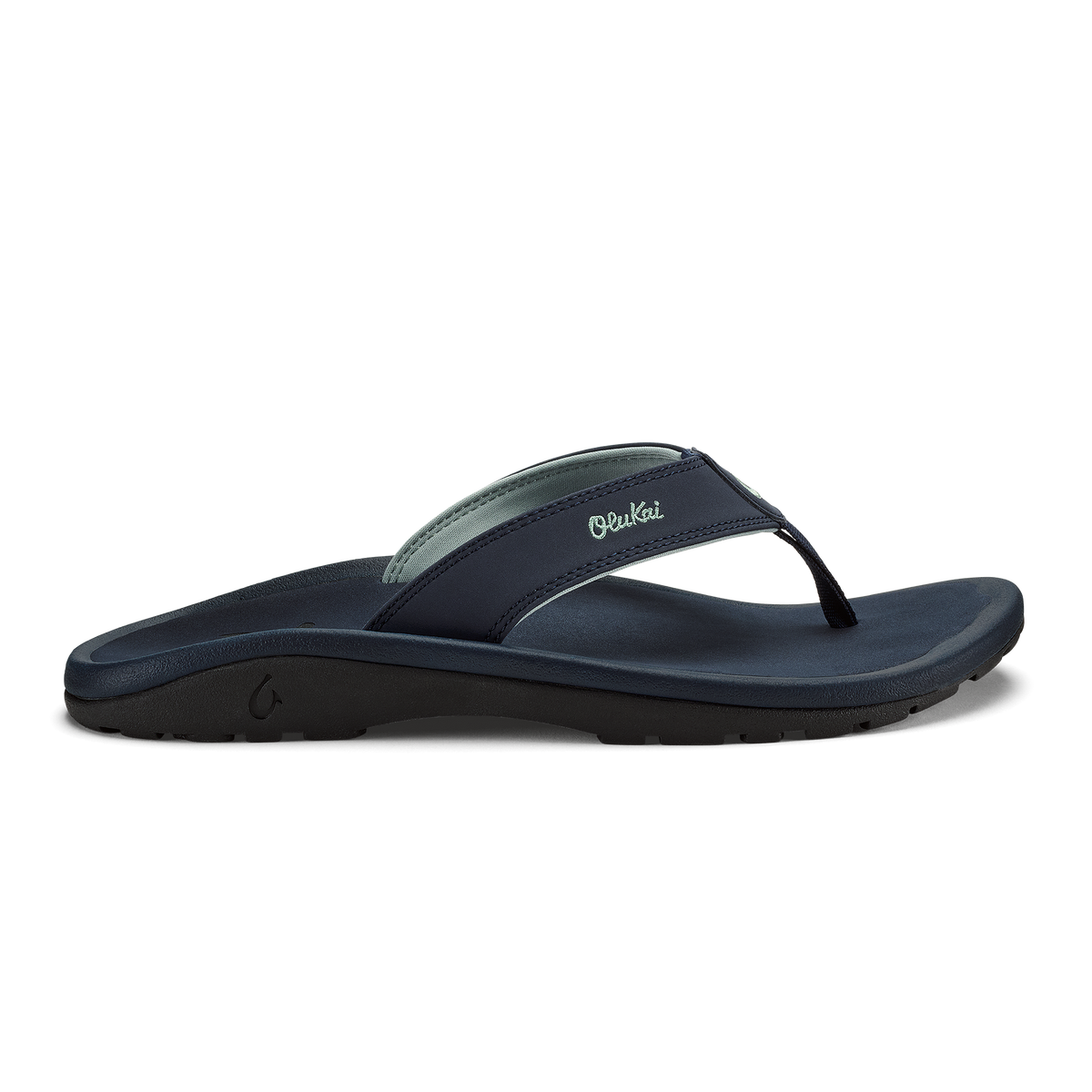 Trench blue flip-flop sandal with thong strap and cushioned sole, shown in side profile.