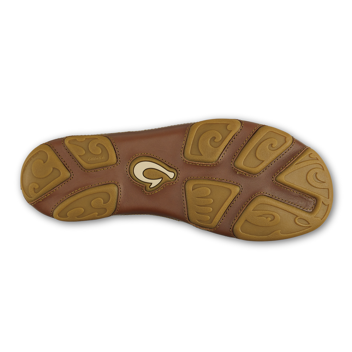 Brown leather sandal sole with tan patterned sections and central oval ornament detail.