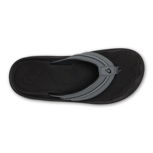 Black thong sandal with textured footbed and gray leather toe post strap.