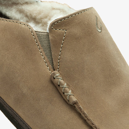 Clay leather slipper with fleece lining, dark java sole, and wrapped tie detail at collar.
