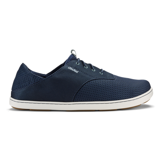 Navy blue lace-up casual shoe with perforated mesh panels and white sole.