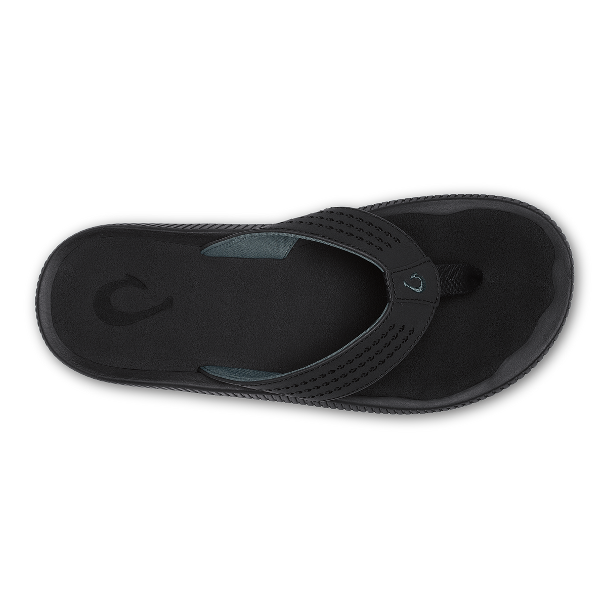 Black thong sandal with perforated strap and cushioned footbed, shown from above.