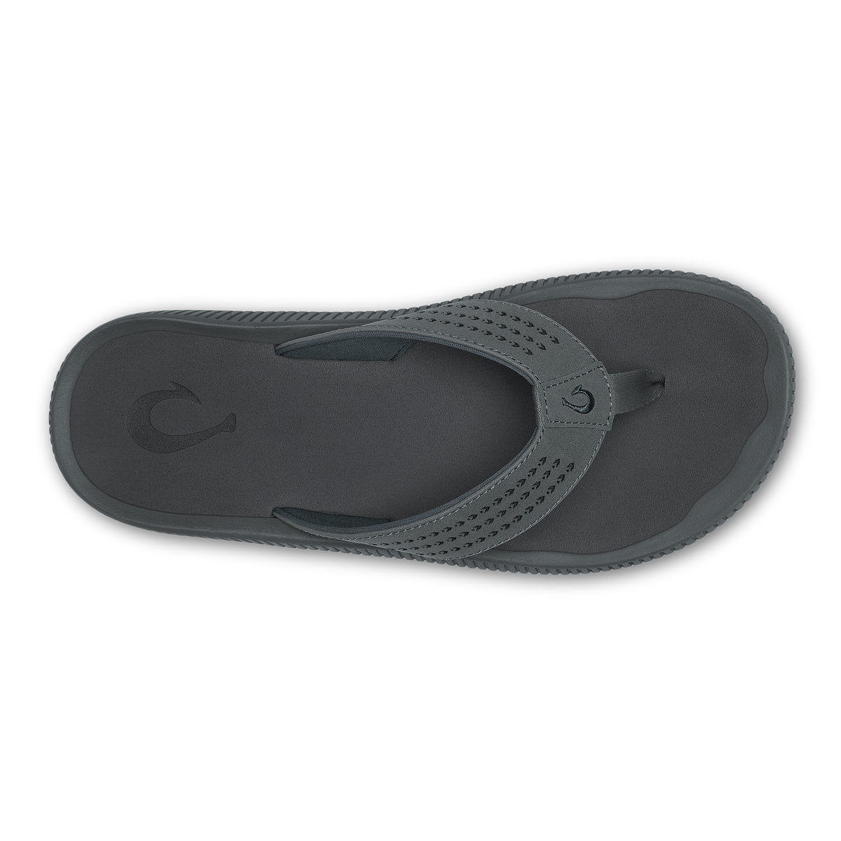 Dark gray flip-flop sandal with perforated strap and thong design, viewed from above.