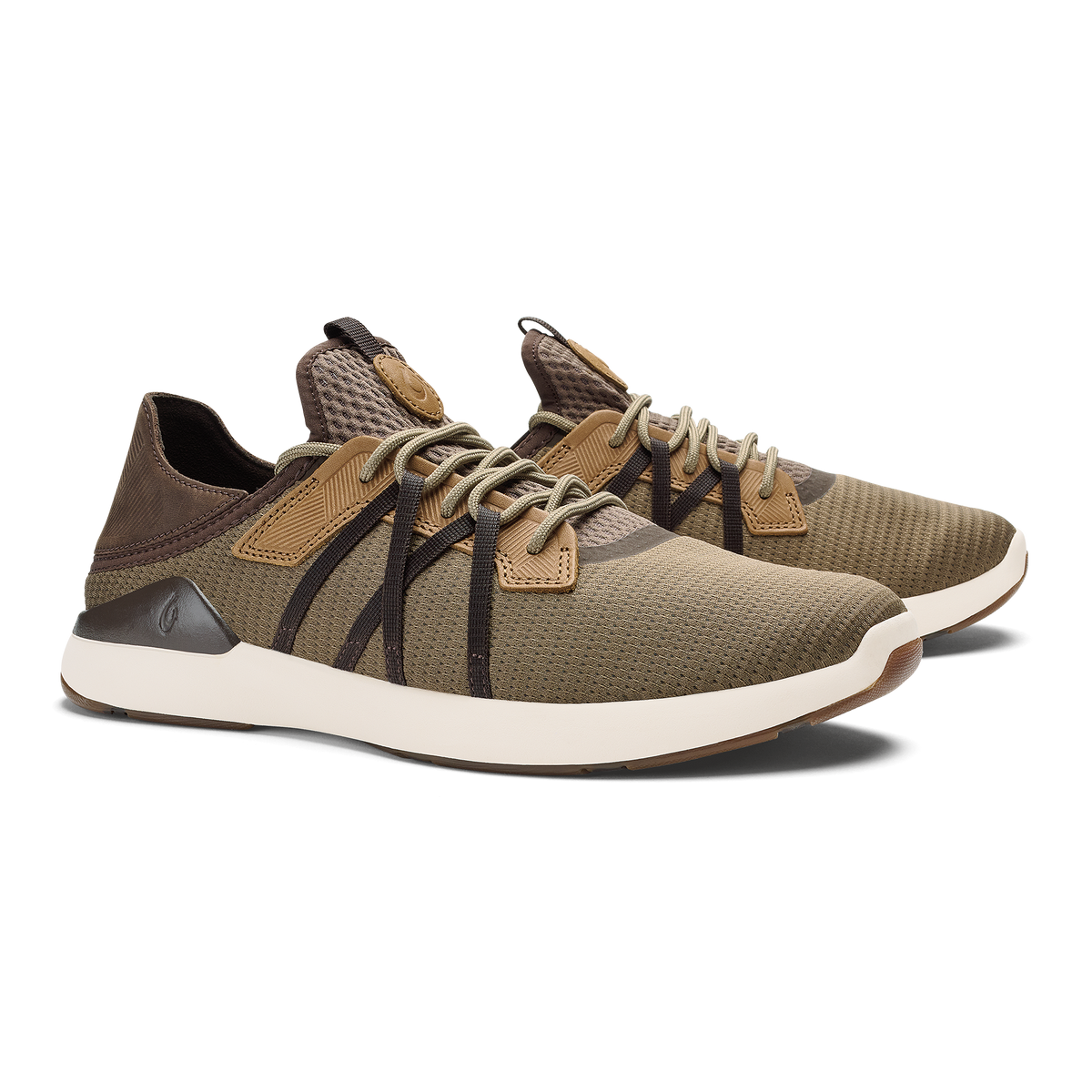 Tan and dark brown mesh sneaker with black laces, tan trim, and cream-colored sole.