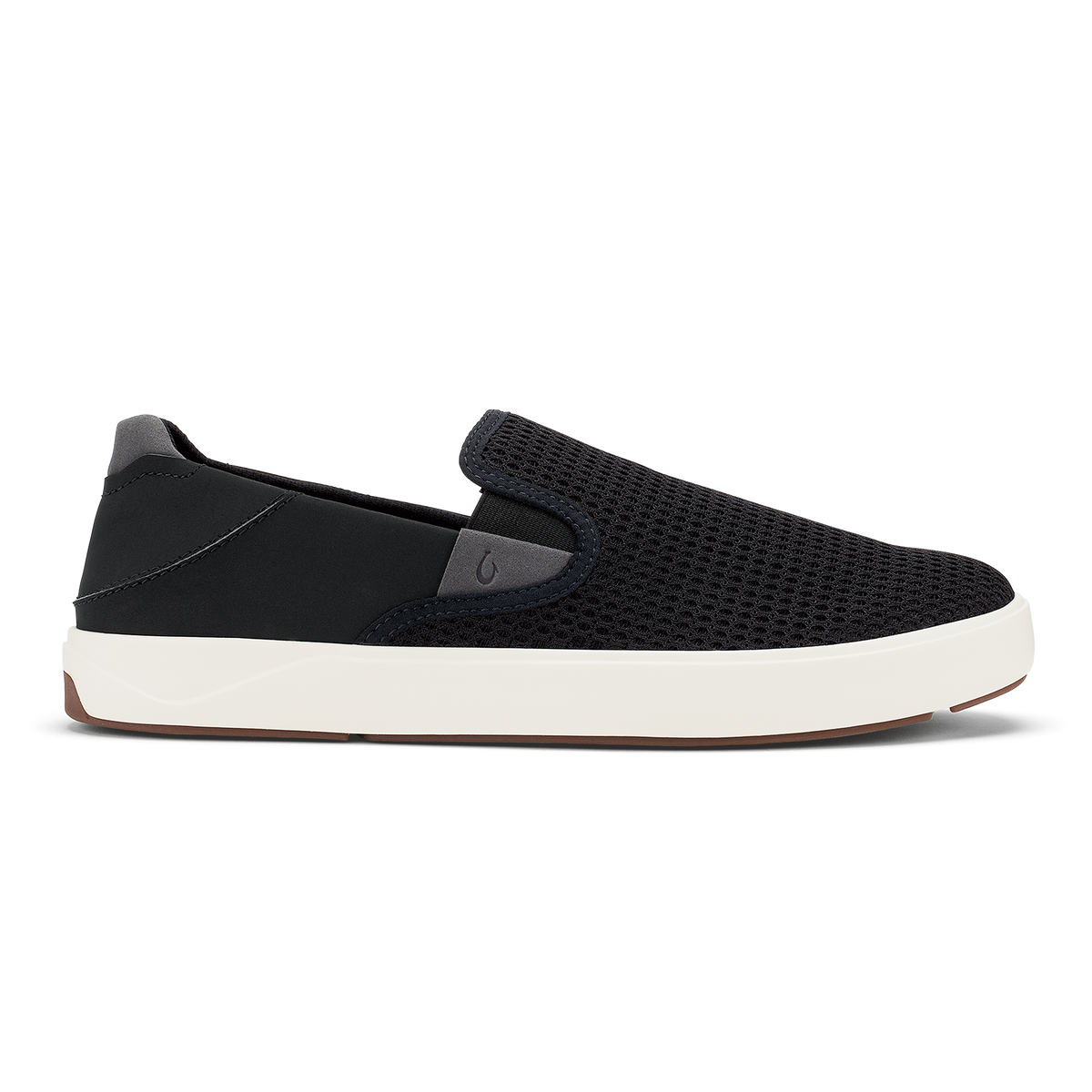 Black knit slip-on sneaker with white sole and gray heel detail, shown in profile view.