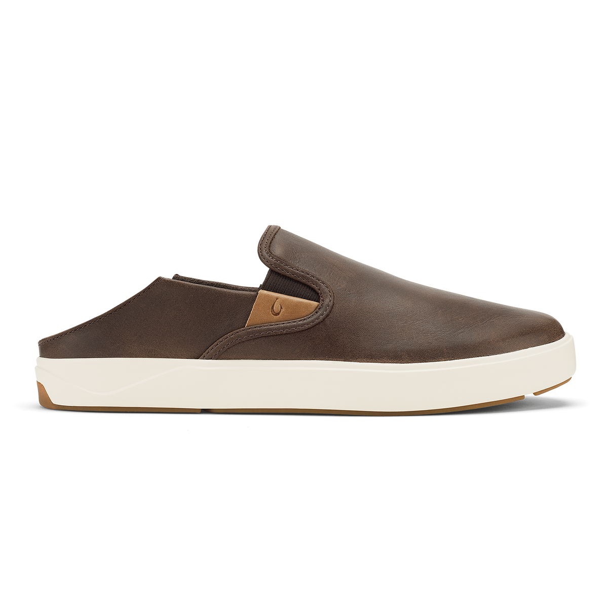 Dark brown leather slip-on mule with cream rubber sole and tan heel accent.