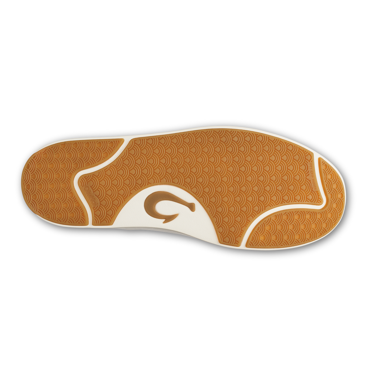 Tan and cream shoe sole with geometric wave pattern and number 9 logo in center.