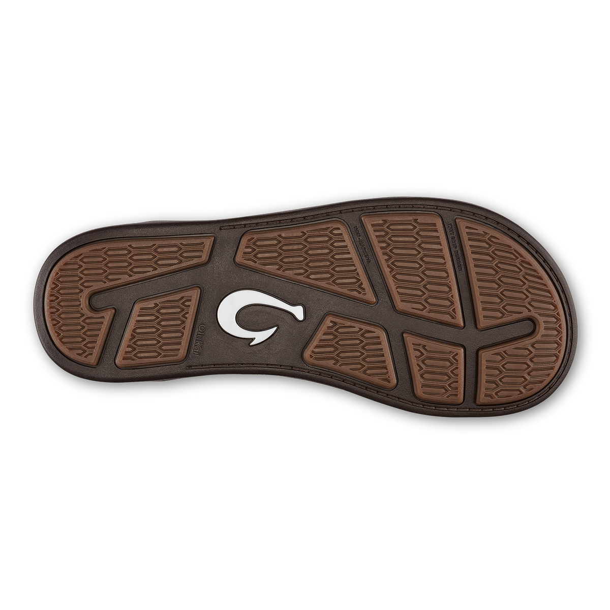 Brown and black shoe sole with textured tread pattern and white curved logo.