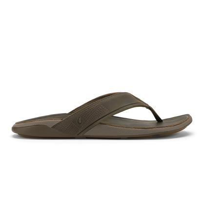 Brown thong sandal with textured fabric strap and cushioned sole, shown in side profile view.