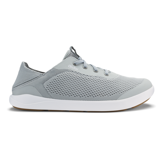 Cloud grey athletic shoe with perforated mesh upper, white midsole, and tan outsole.