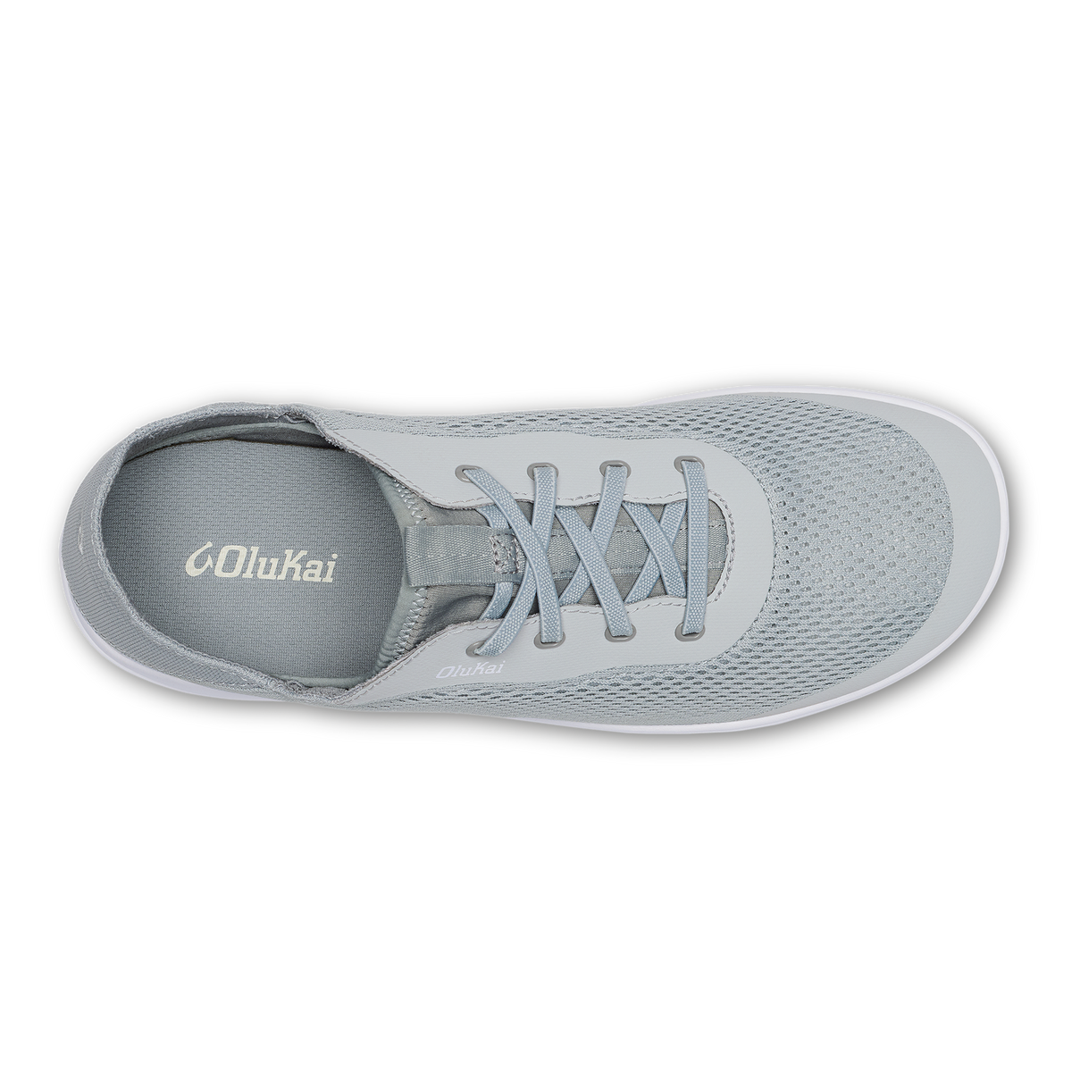 Cloud grey Olukai Moku Pae sneaker with perforated mesh upper and white sole, shown from above.