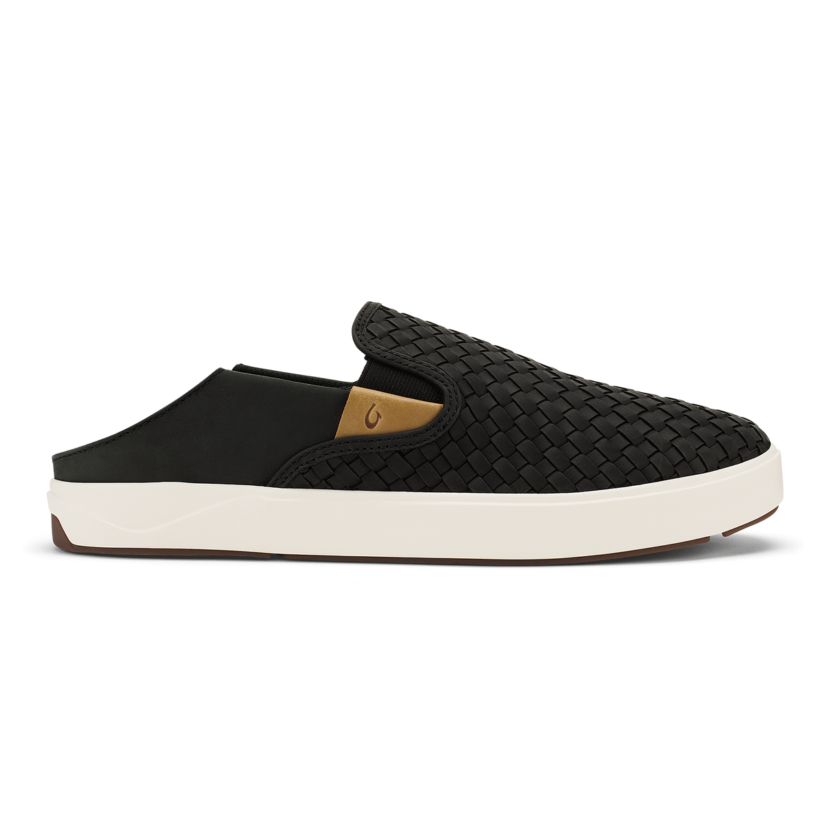 Black woven slip-on mule with cream sole, tan accent detail, and brown heel strip.