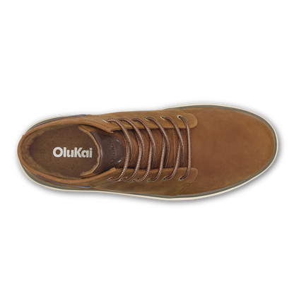 Toffee-colored suede boot with rope lacing and white sole, viewed from above.