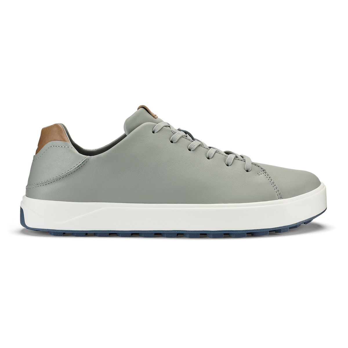 Grey-fog leather sneaker with tan heel panel, white midsole, and dark rubber outsole.