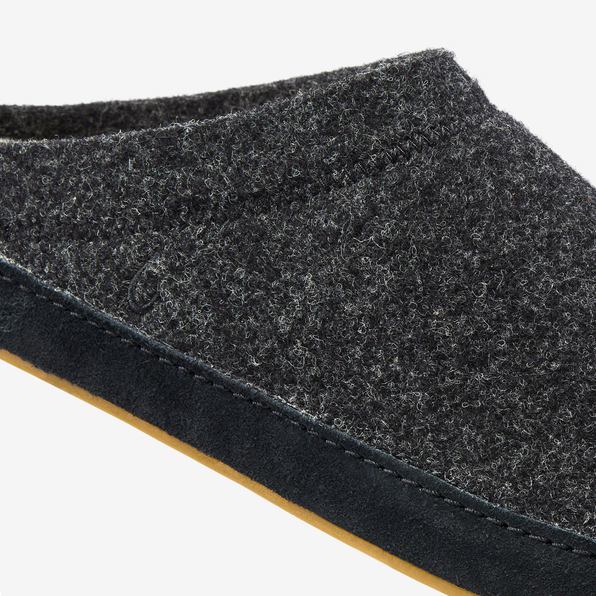 Dark gray knit slipper with tan rubber sole and textured upper surface.