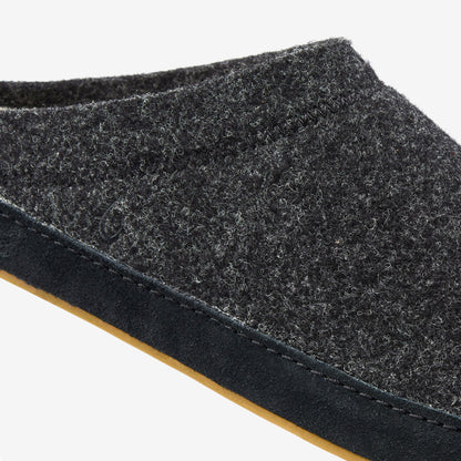 Dark gray knit slipper with tan rubber sole and textured upper surface.