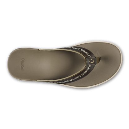Tan and dark brown thong sandal with whipstitched strap detail, viewed from above.