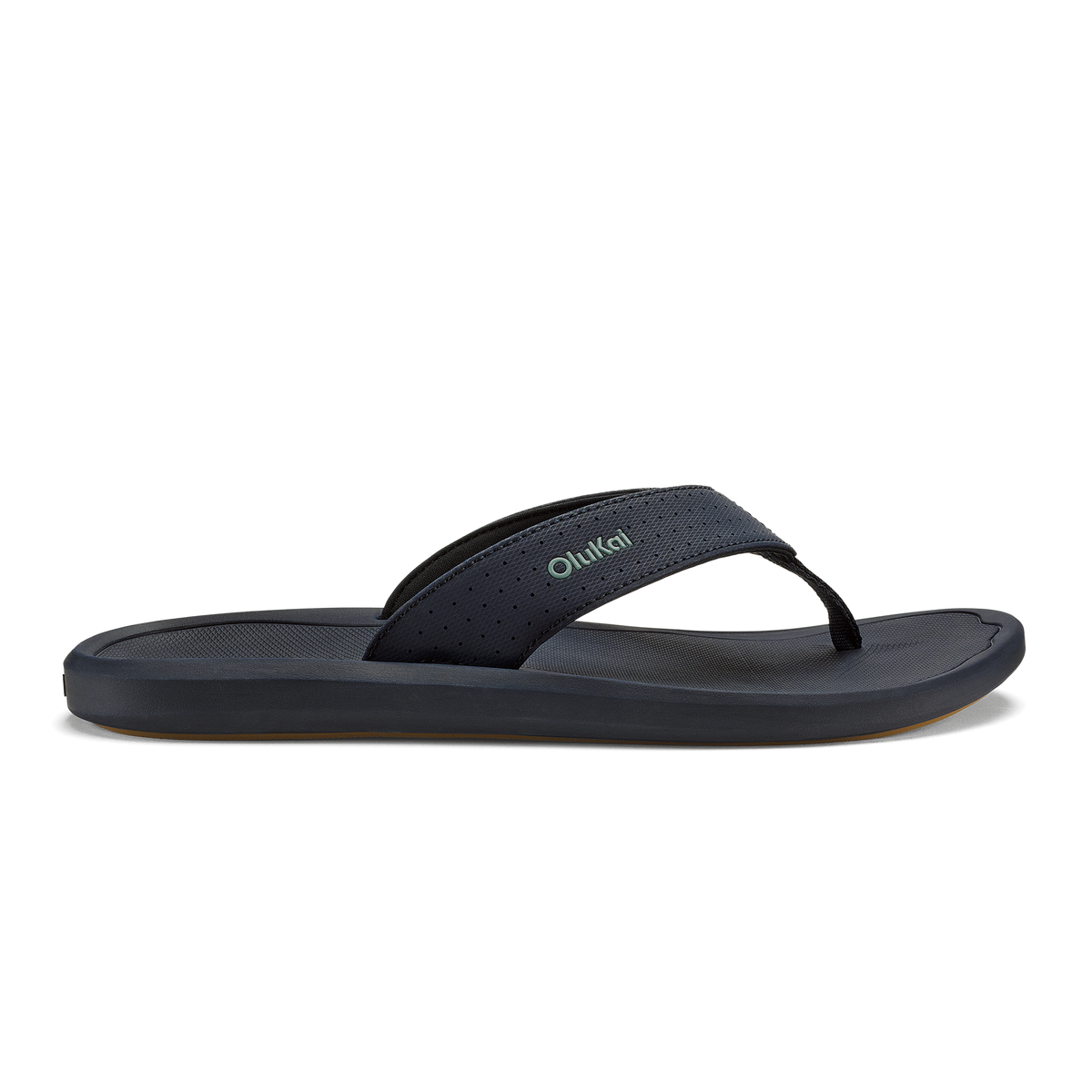 Dark blue thong sandal with textured strap and cushioned sole.