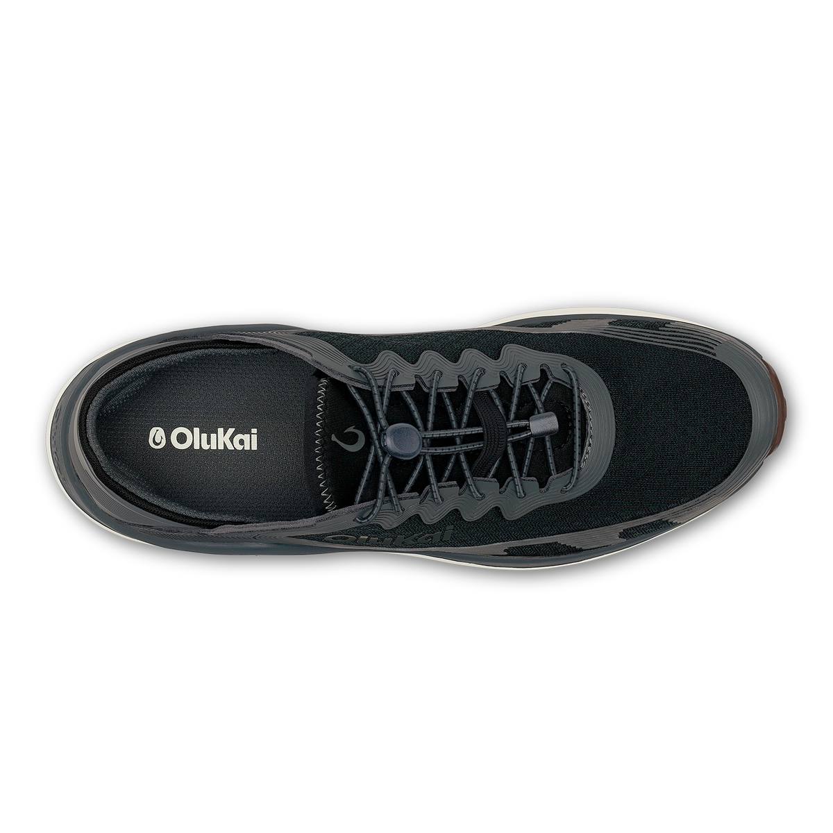 Black OluKai ʻAhi shoe with lace-up closure and padded collar, shown from above.