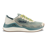 Seagreen and white sand running shoe with yellow laces and textured mesh upper, featuring curved sole design.