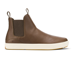 Brown leather Chelsea-style mid boot with cream and tan rubber sole and pull loops on heel.