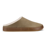 Tan suede slipper with cream sherpa lining and brown leather sole, shown in profile view.