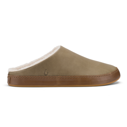 Tan suede slipper with cream sherpa lining and brown leather sole, shown in profile view.