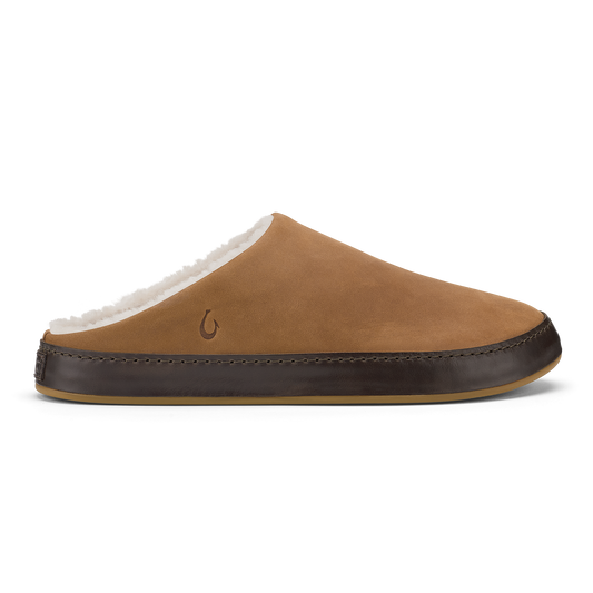 Tan and dark brown suede slipper with white fleece lining and stitched trim.