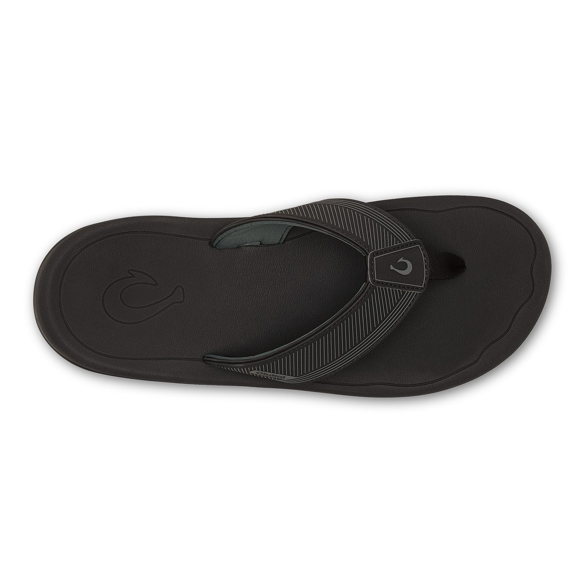 Black flip-flop sandal with textured thong strap and embossed wave logo on sole.