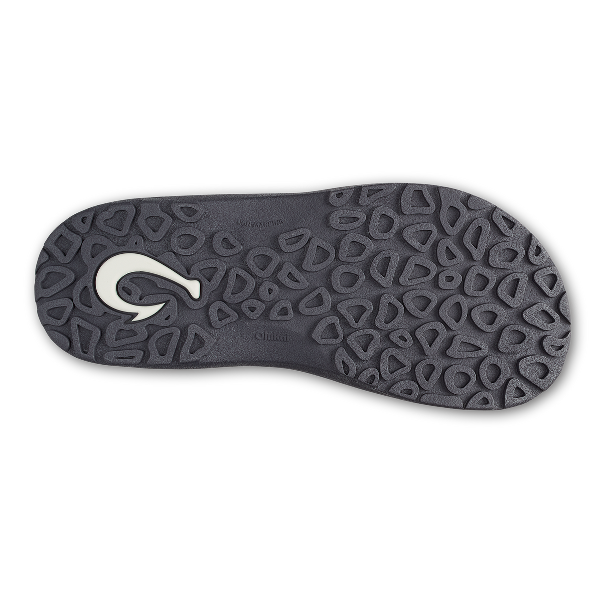Grey flip-flop sole with white logo and geometric tread pattern.