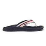 White, navy, and red striped flip-flop sandal with navy sole and Ōhana branding.