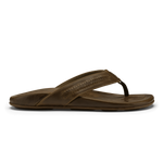 Tan leather flip-flop sandal with woven strap detail and contoured footbed, shown from the side.