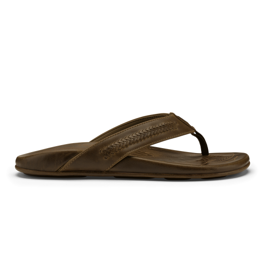 Tan leather flip-flop sandal with woven strap detail and contoured footbed, shown from the side.