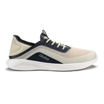 Kialoa sneaker in cream and navy with mesh upper, white sole, and navy heel panel.