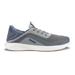 Charcoal and sharkskin mesh running shoe with white sole and dark blue heel collar.