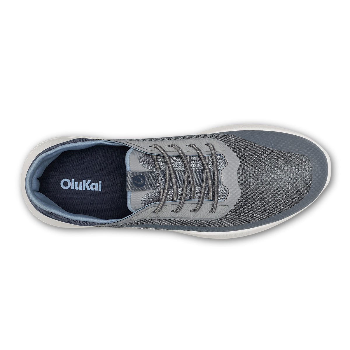Charcoal mesh athletic shoe with gray laces, white sole, and navy blue interior lining, shown from above.