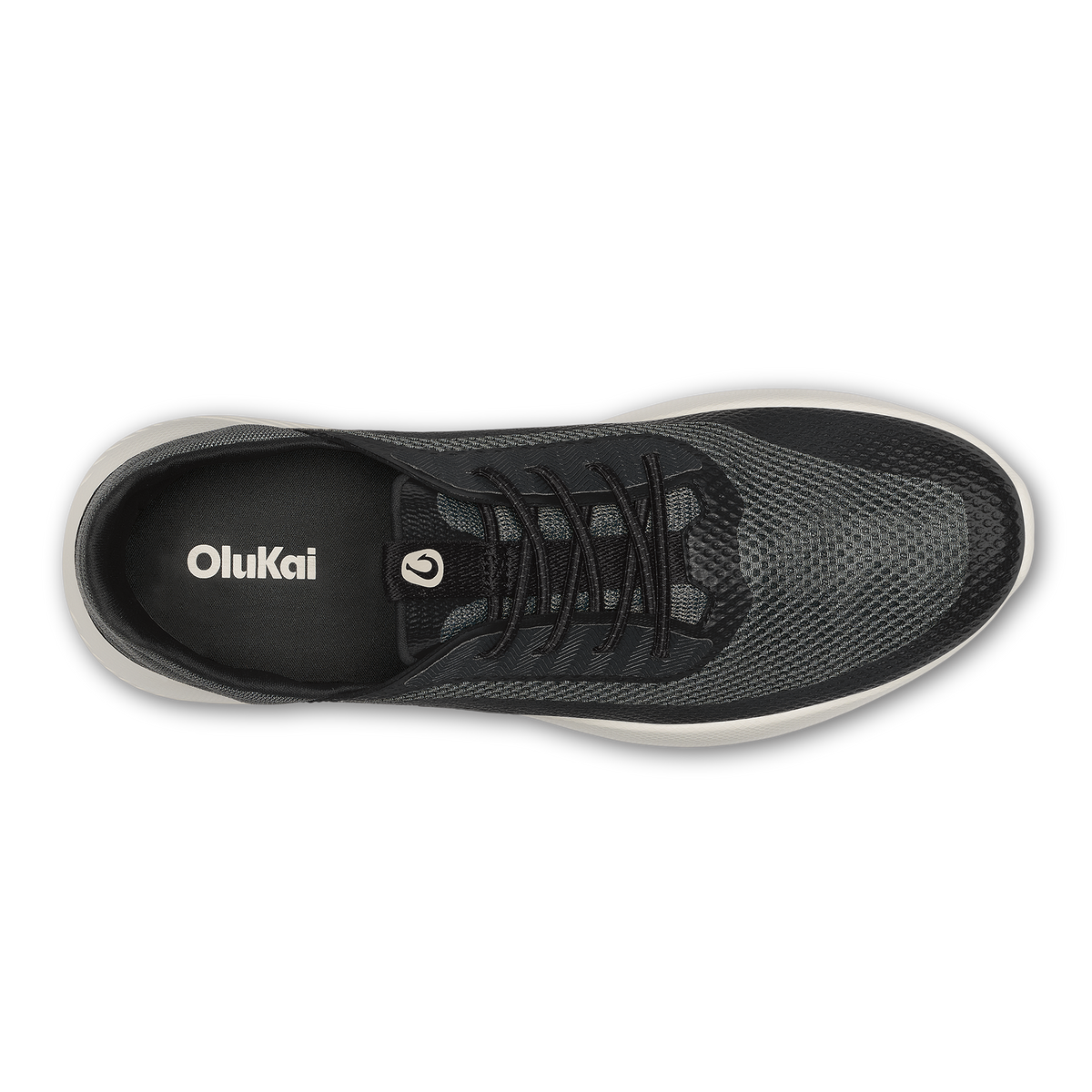 Dark gray and black mesh sneaker with black laces and white sole, shown from above.