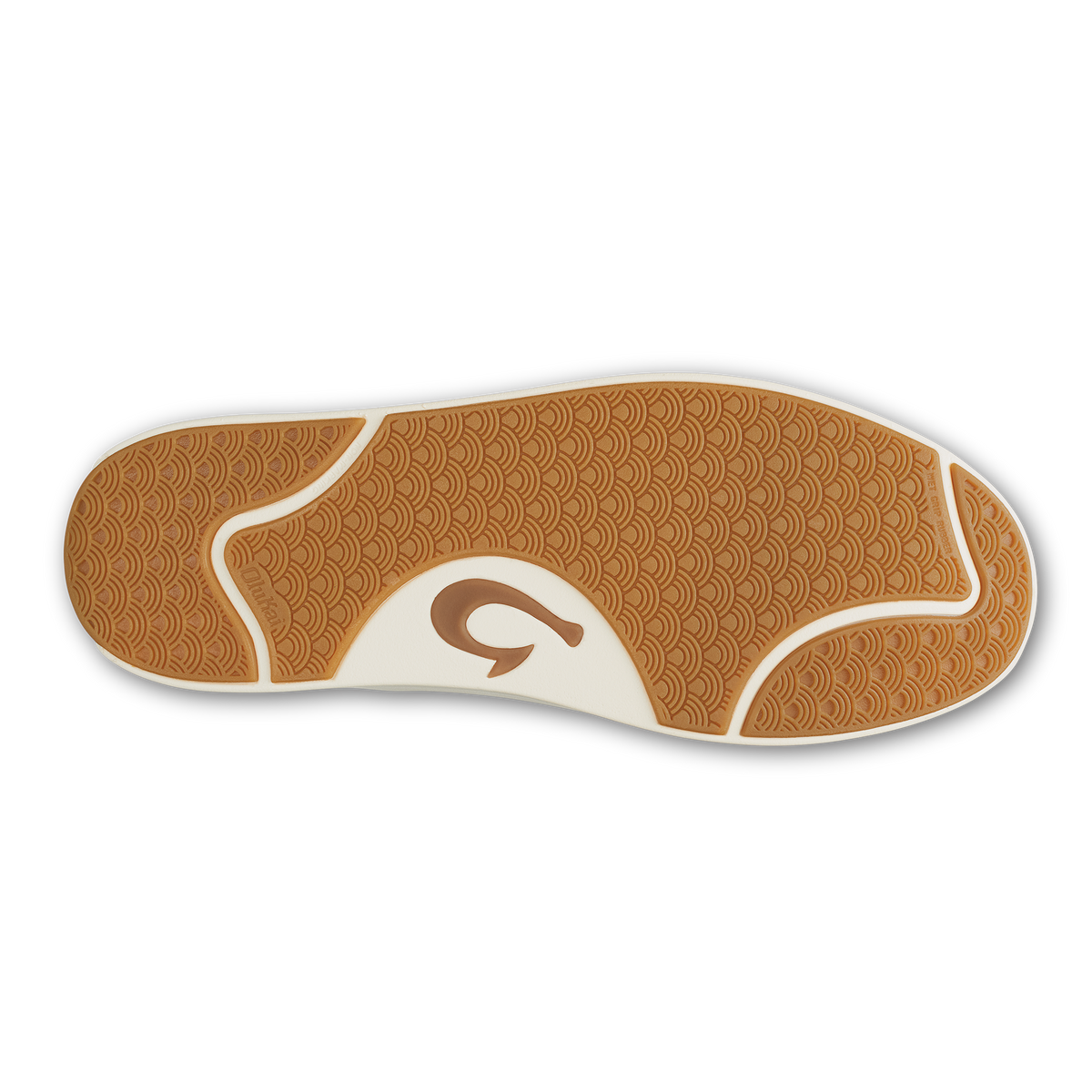 Tan and cream shoe sole with geometric tread pattern and curved white stripe design.