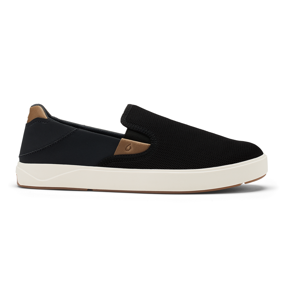 Black slip-on sneaker with tan heel panel and cream rubber sole.