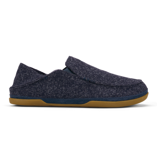 Dark blue heathered slip-on slipper with tan rubber sole and pointed toe design.