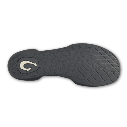 Dark gray shoe sole with quilted tread pattern and cream-colored logo on heel tab.