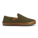 Olive quilted slip-on shoe with tan leather trim and brown rubber sole, shown in profile view.