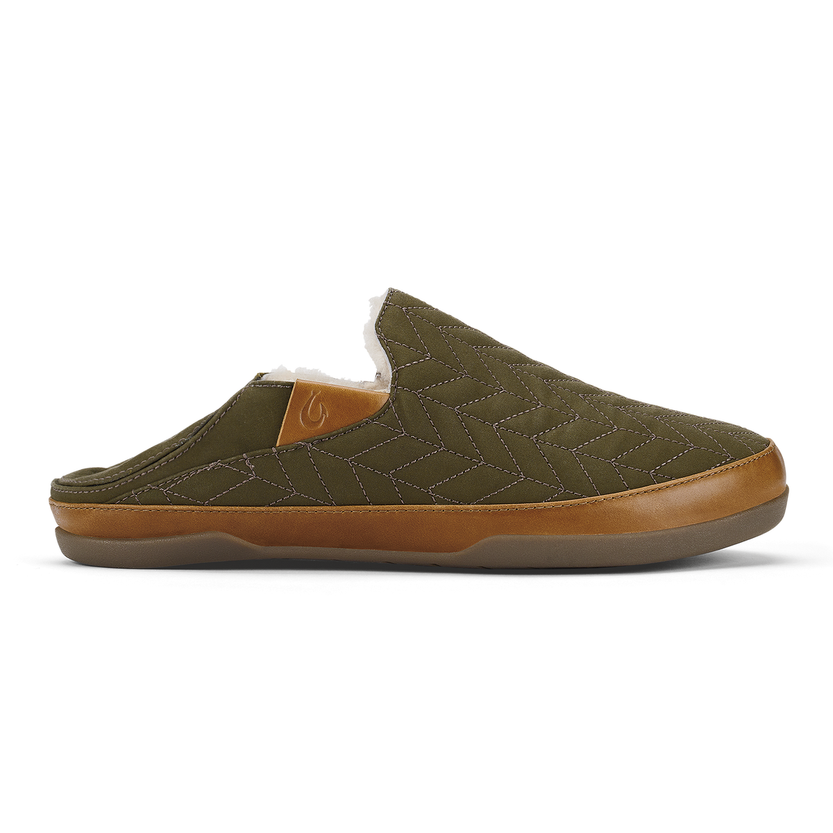 Olive quilted slip-on slipper with tan leather trim and gray sole, shown in profile view.