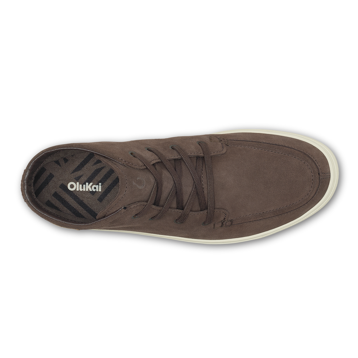 Dark brown suede chukka boot with tan laces and cream-colored sole, shown from above.