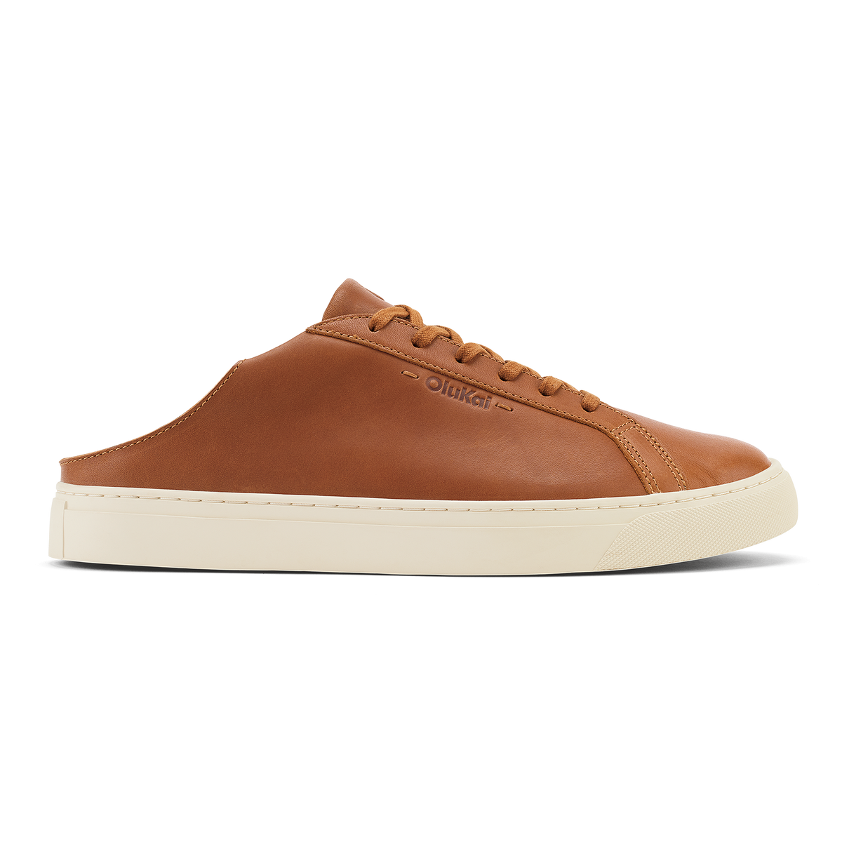 Tan leather lace-up mule with cream rubber sole and stitched detailing.